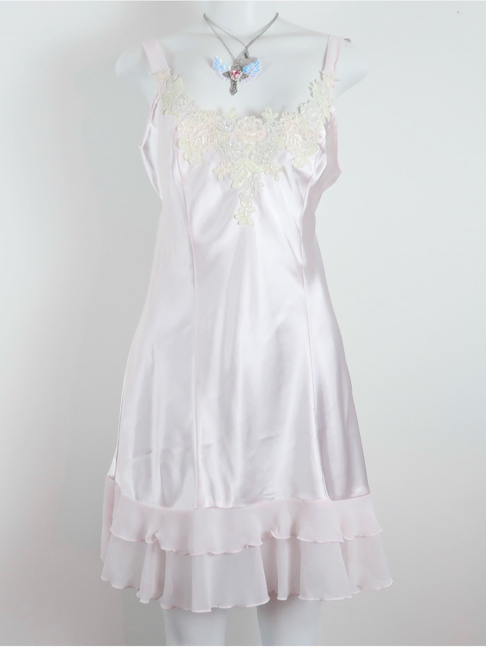 Linea Donatella Pale Pink Satin Chemise with Cream Floral Appliqué